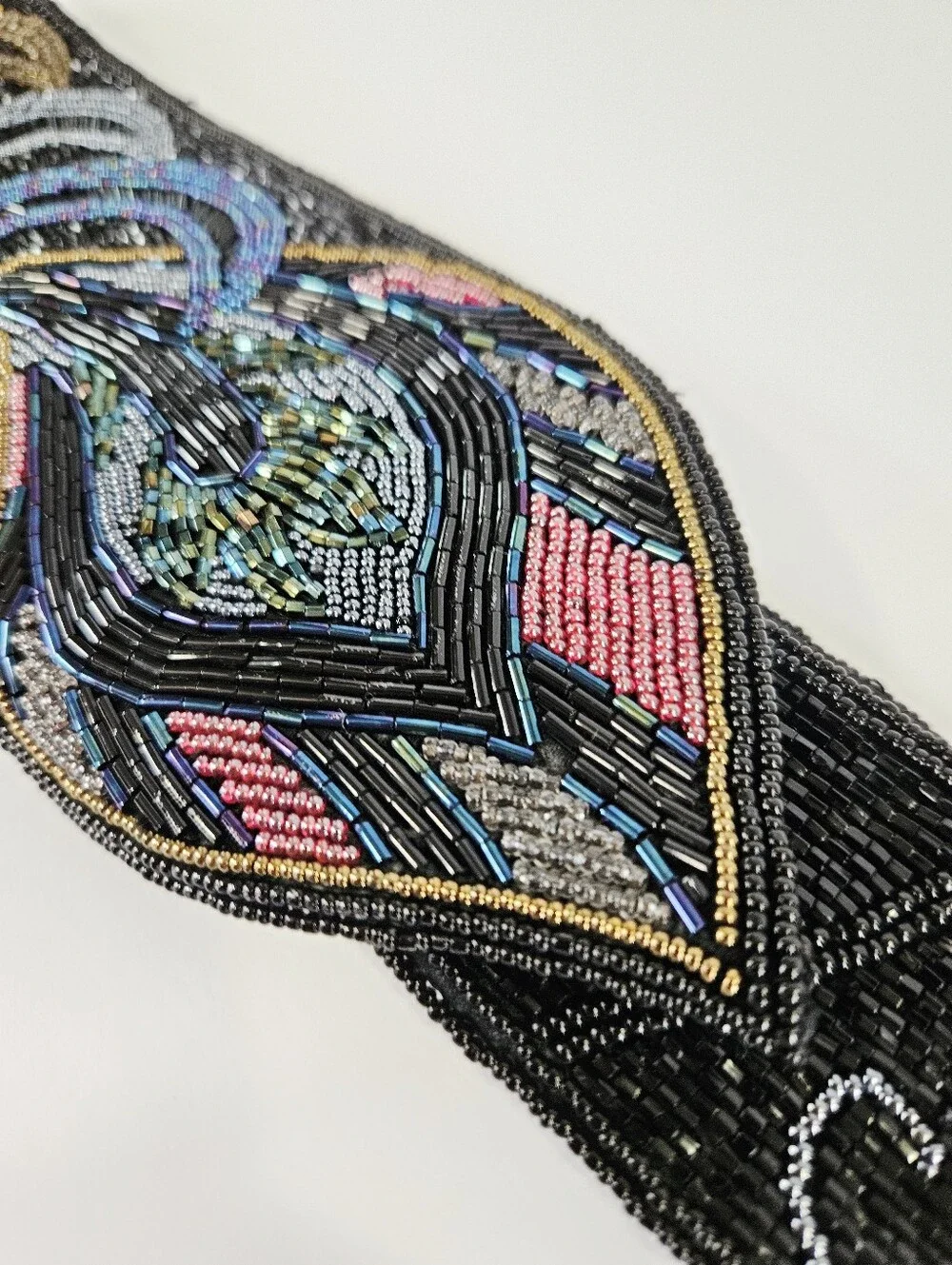 Vintage Cadaz Intricate Seed Beaded Peacock Feather Fold Over Statement Belt